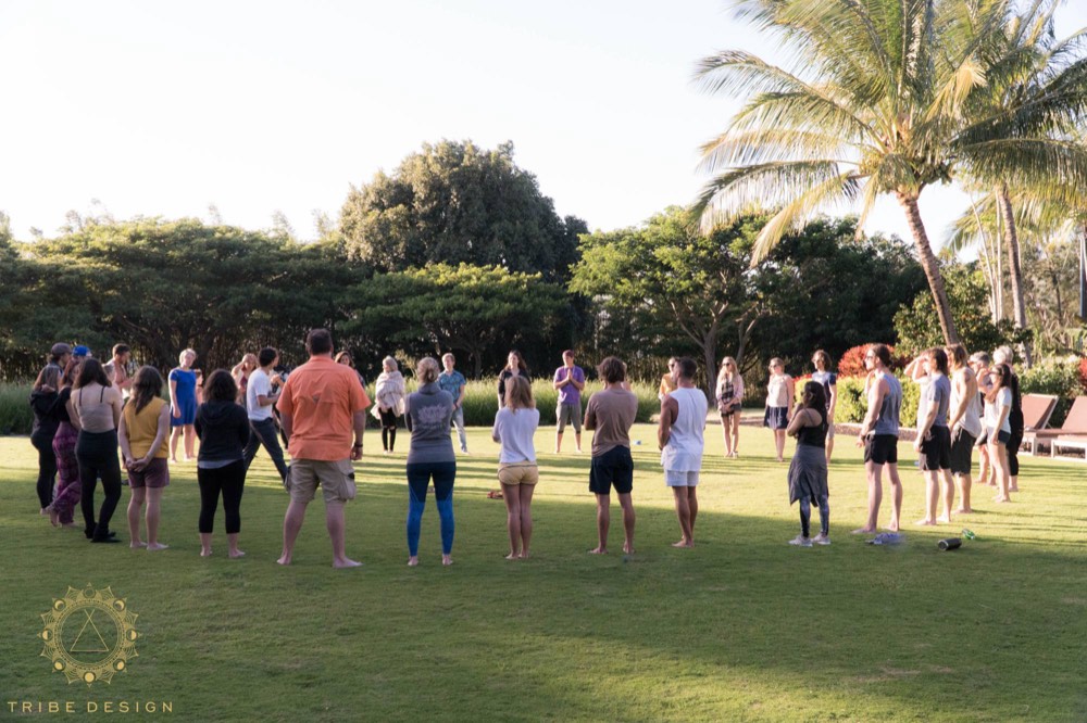 Retreat group gathered in a welcome circle on the lawn